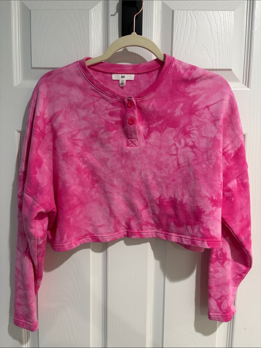 bp Pink Tie-Dye Cropped Henley Sweatshirt